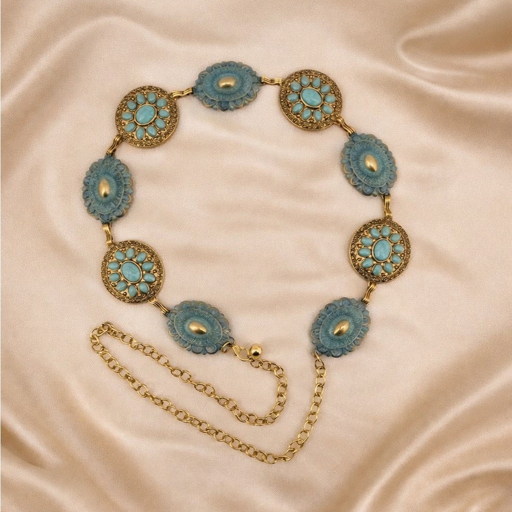 Anthropologie Gold Tone Chain Belt with Turquoise Blue Medallions